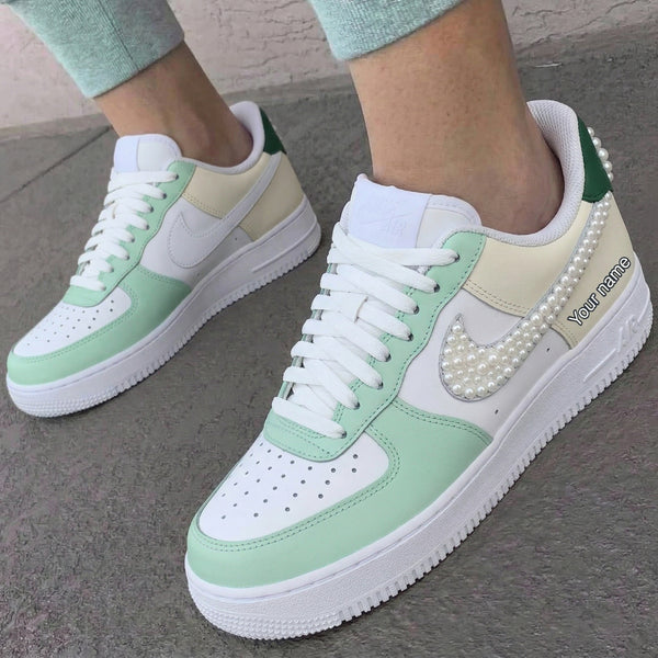 Custom AF 1s Shoes Mint Green Cream Pearl Custom Name-oicustom