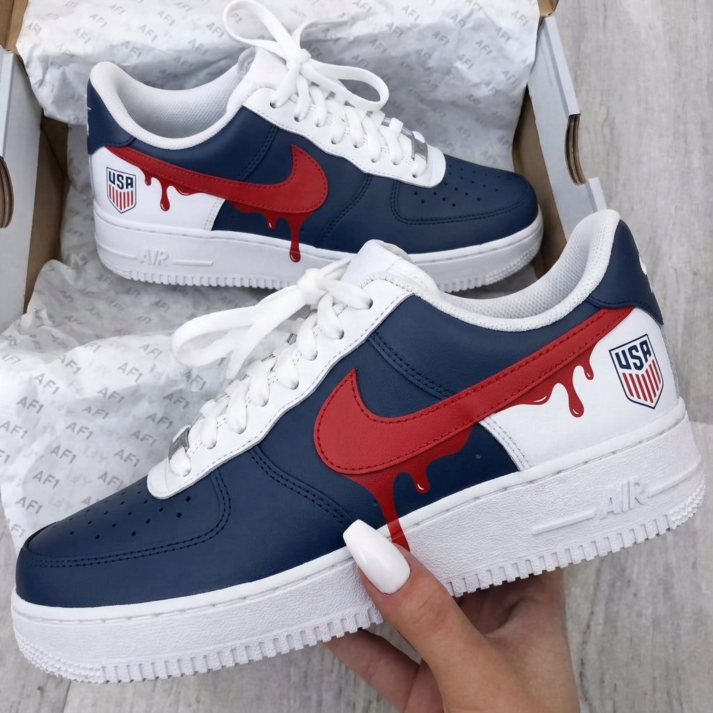 Custom AF 1s Shoes Navy Red USA Drip-oicustom