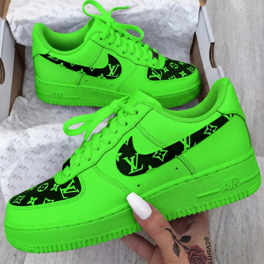 Custom AF 1s Shoes Neon Green Black LV Print-oicustom
