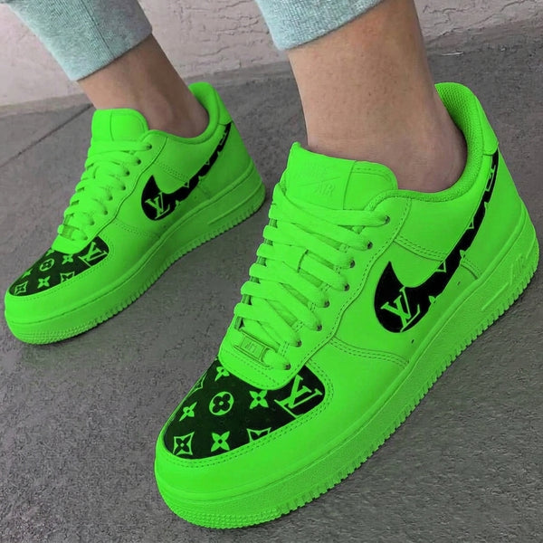 Custom AF 1s Shoes Neon Green Black LV Print-oicustom