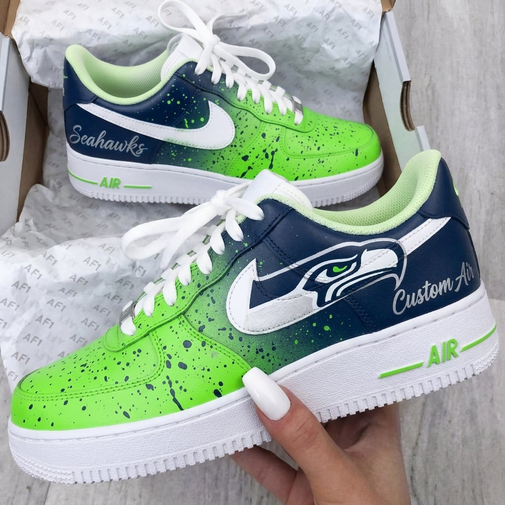Custom AF 1s Shoes Neon Green Navy Blue Seahawks Splatter-oicustom