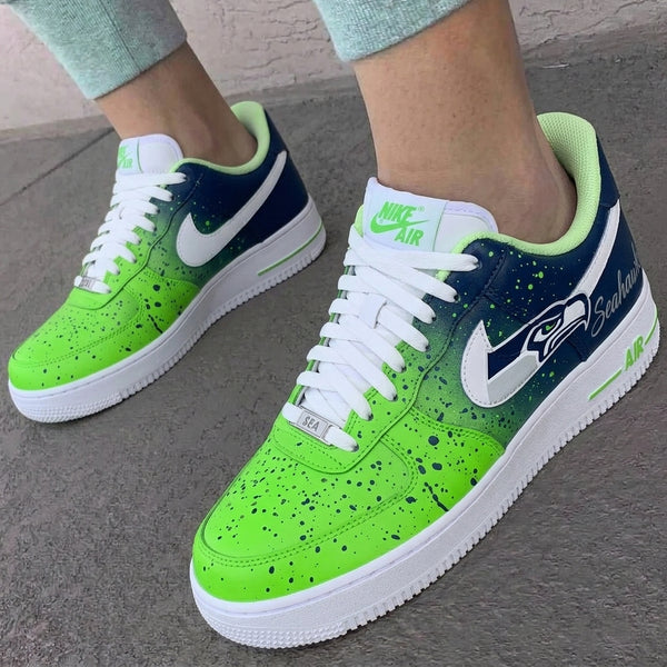 Custom AF 1s Shoes Neon Green Navy Blue Seahawks Splatter-oicustom