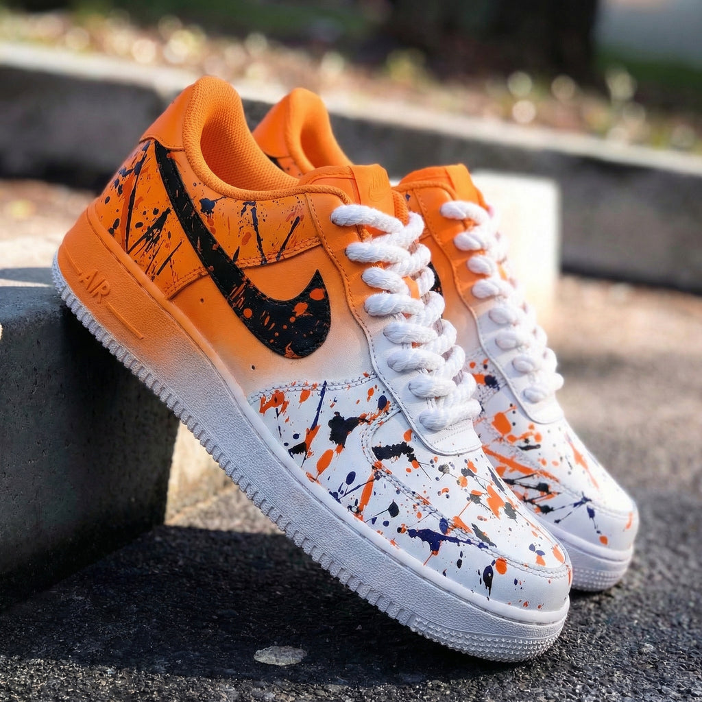 Custom AF 1s Shoes Orange Black Splatter Design-oicustom