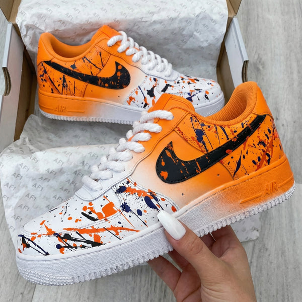 Custom AF 1s Shoes Orange Black Splatter Design-oicustom