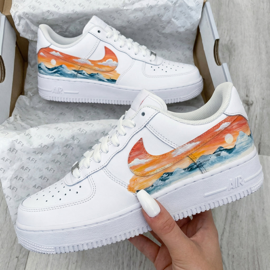 Custom AF 1s Shoes Orange Blue Sunset Sea Wave Landscape-oicustom