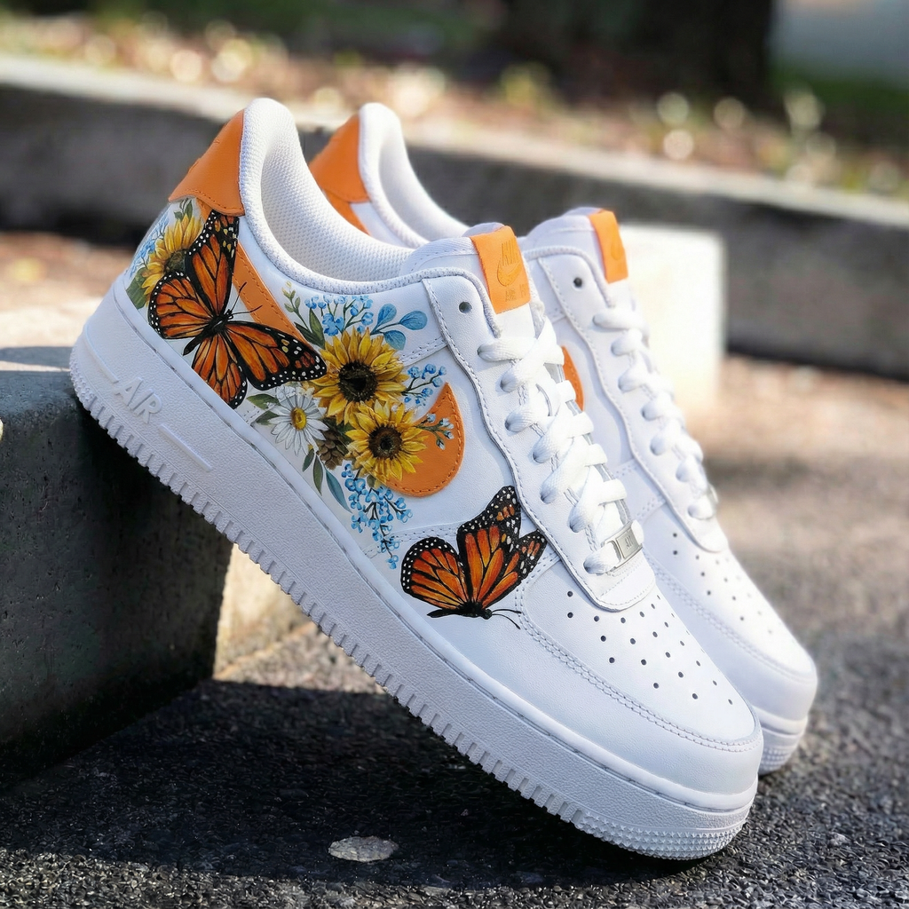 Custom AF 1s Shoes Orange Blue with Butterflies and Sunflowers-oicustom