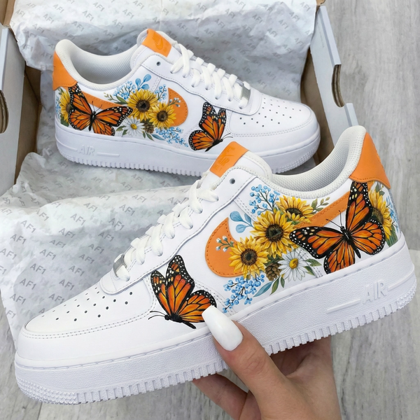 Custom AF 1s Shoes Orange Blue with Butterflies and Sunflowers-oicustom