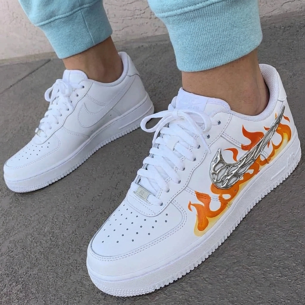 Custom AF 1s Shoes Orange Flame Silver Winged Swoosh-oicustom