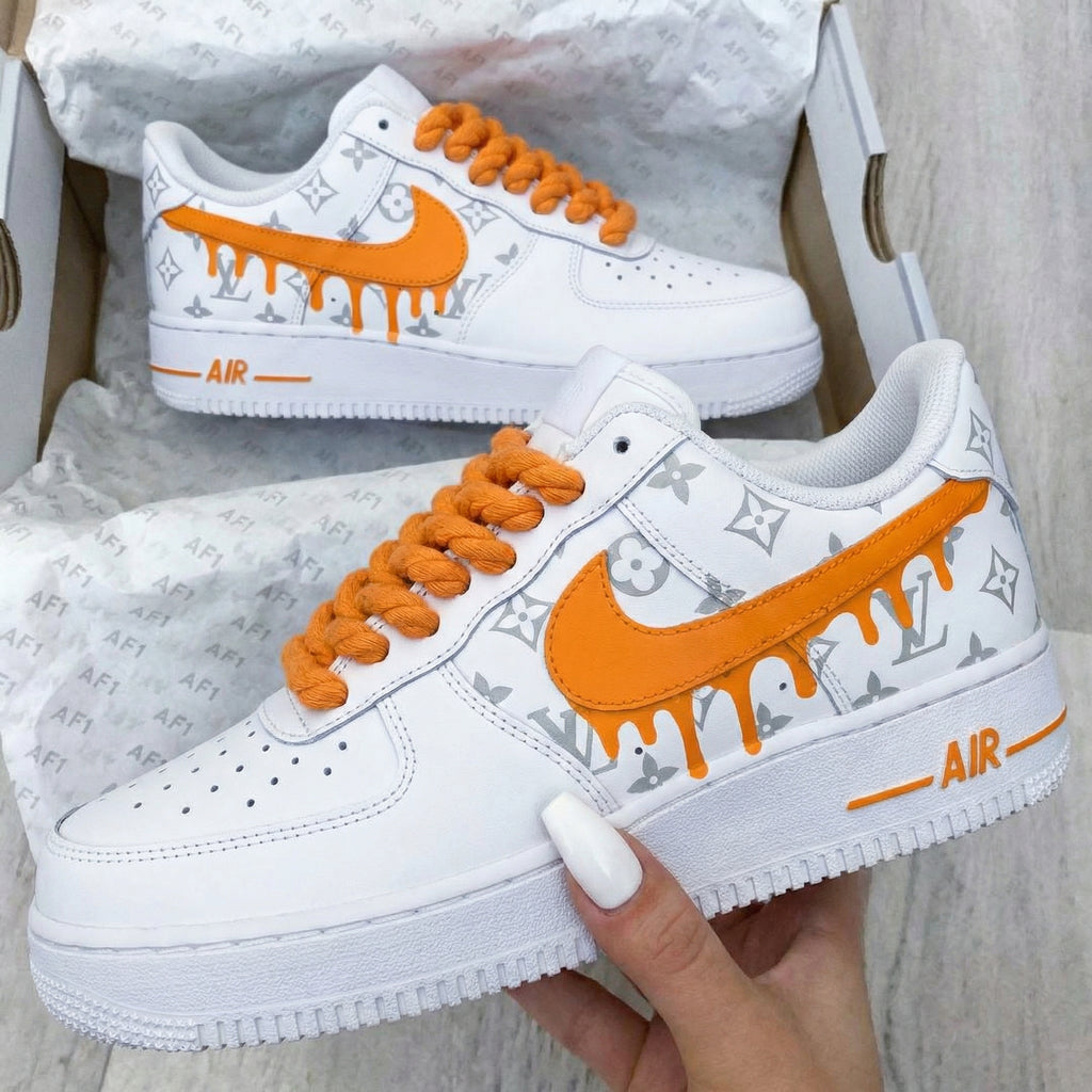 Custom AF 1s Shoes Orange LV Logo Drip Design-oicustom