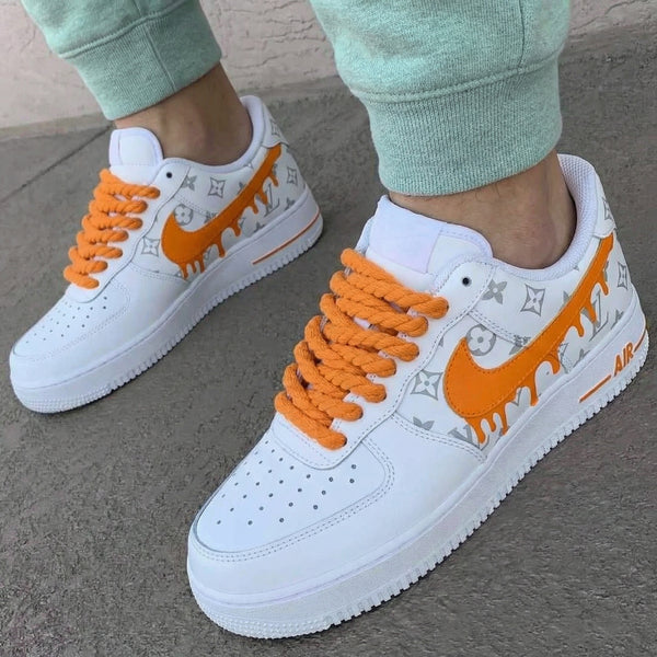 Custom AF 1s Shoes Orange LV Logo Drip Design-oicustom