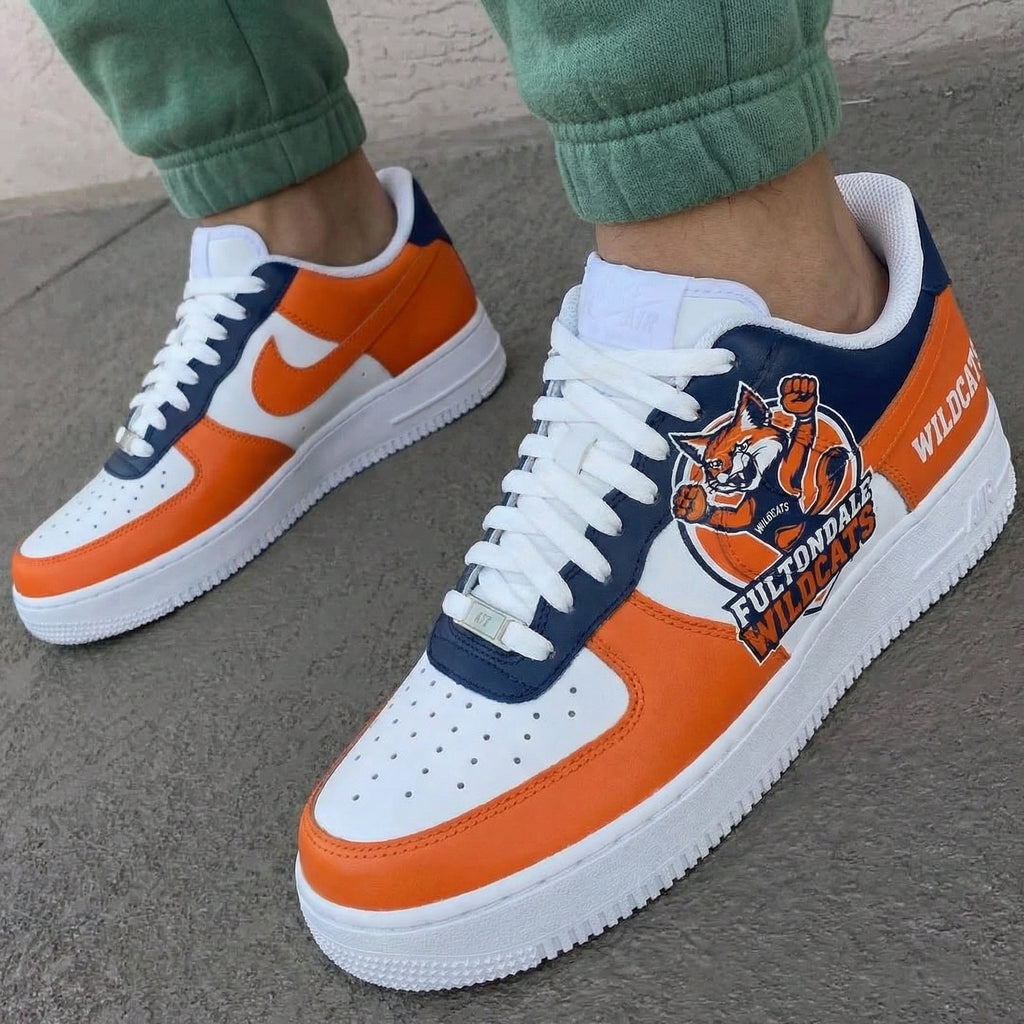 Custom AF 1s Shoes Orange Navy Blue Fultondale Wildcats Logo-oicustom