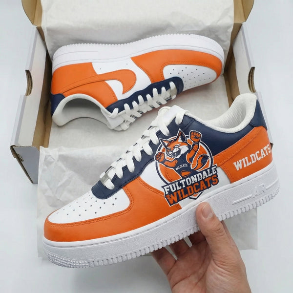 Custom AF 1s Shoes Orange Navy Blue Fultondale Wildcats Logo-oicustom