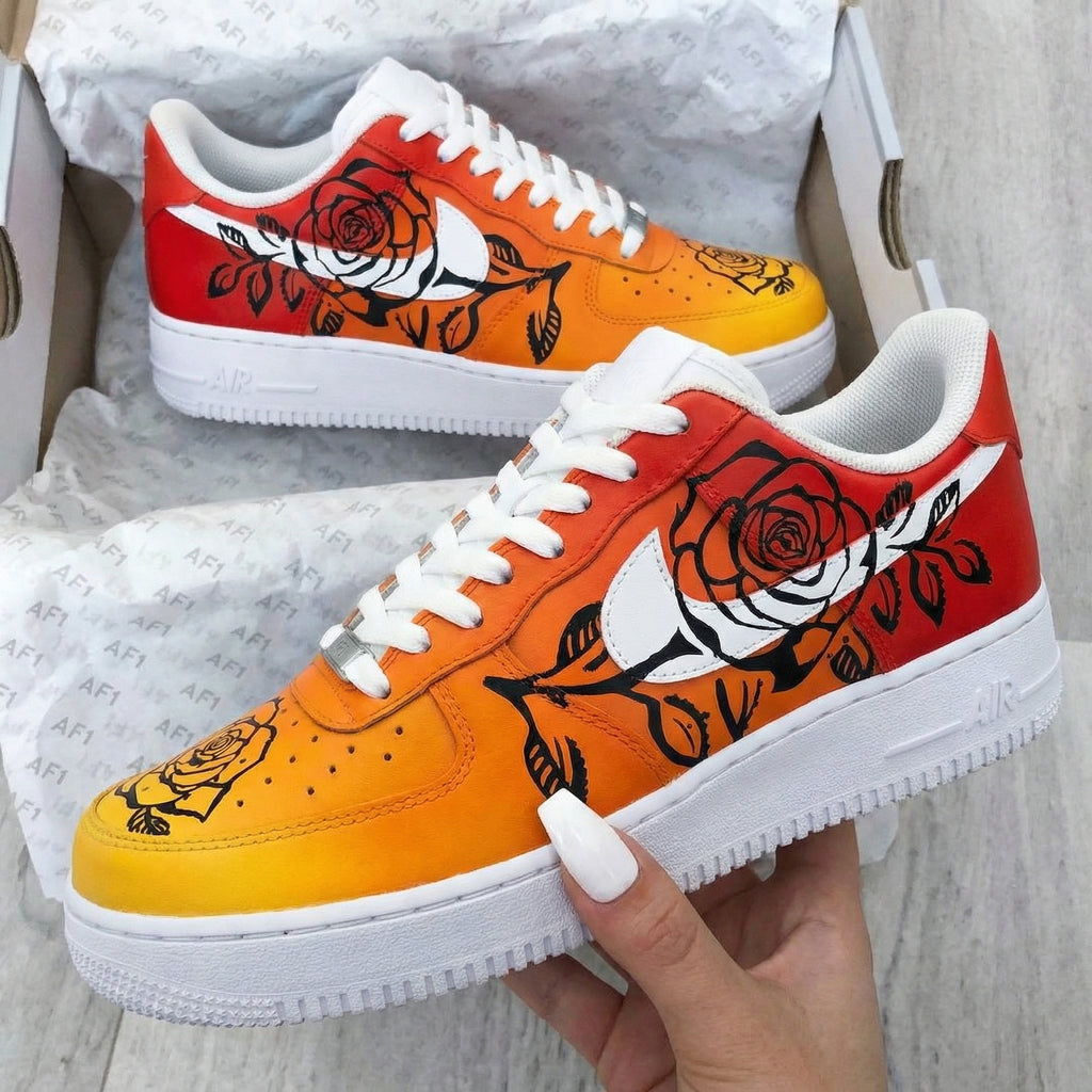 Custom AF 1s Shoes Orange Red Rose Pattern-oicustom