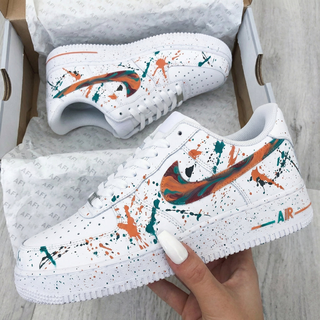 Custom AF 1s Shoes Orange Teal Paint Splatter-oicustom