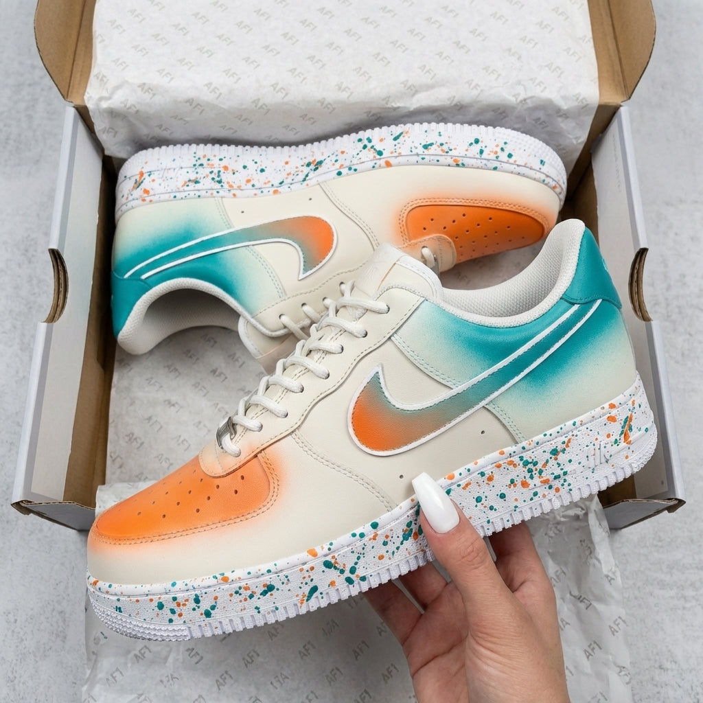 Custom AF 1s Shoes Orange Turquoise Gradient Splatter-oicustom