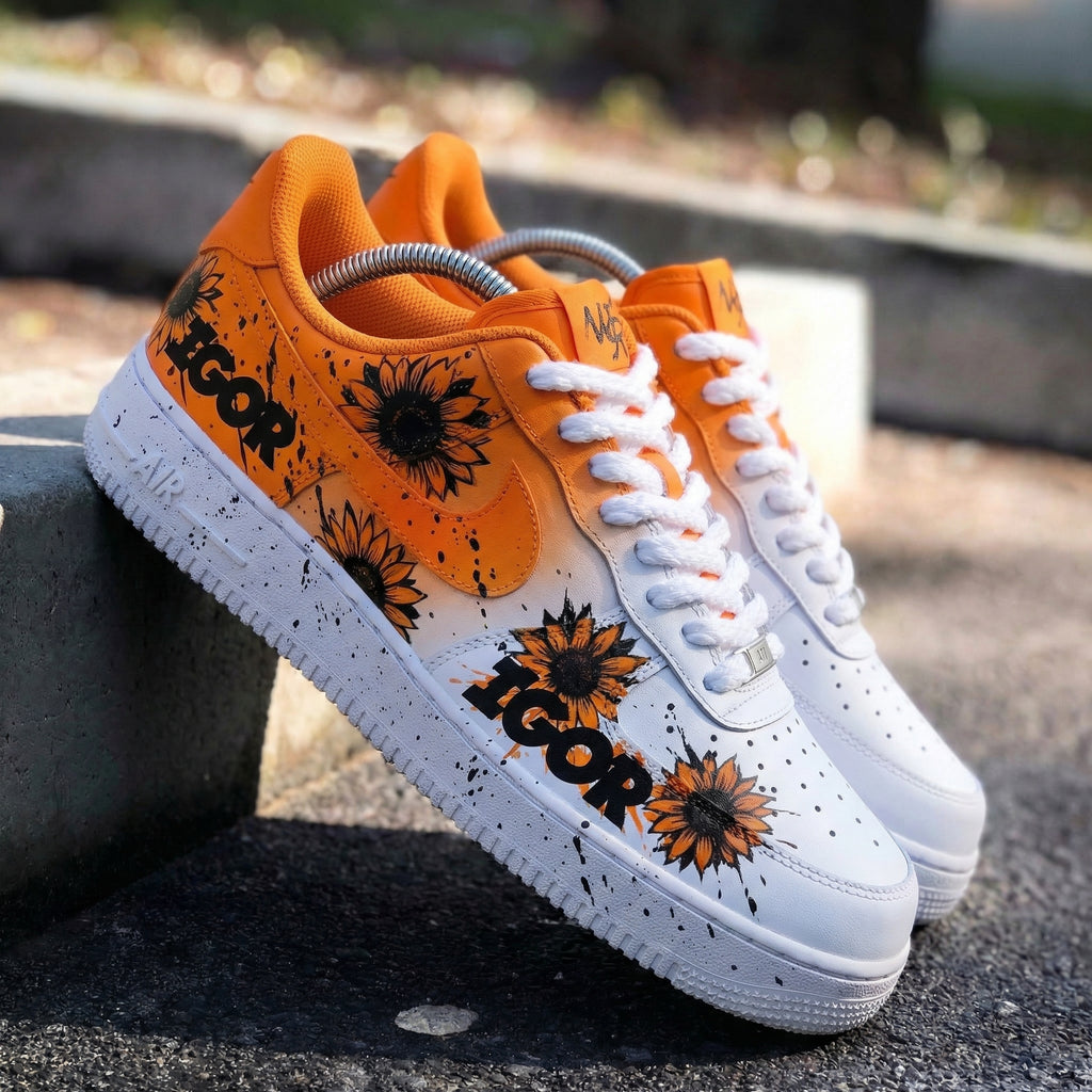 Custom AF 1s Shoes Orange White Sunflower Igor Design-oicustom