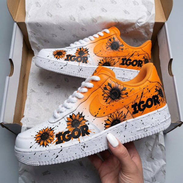 Custom AF 1s Shoes Orange White Sunflower Igor Design-oicustom