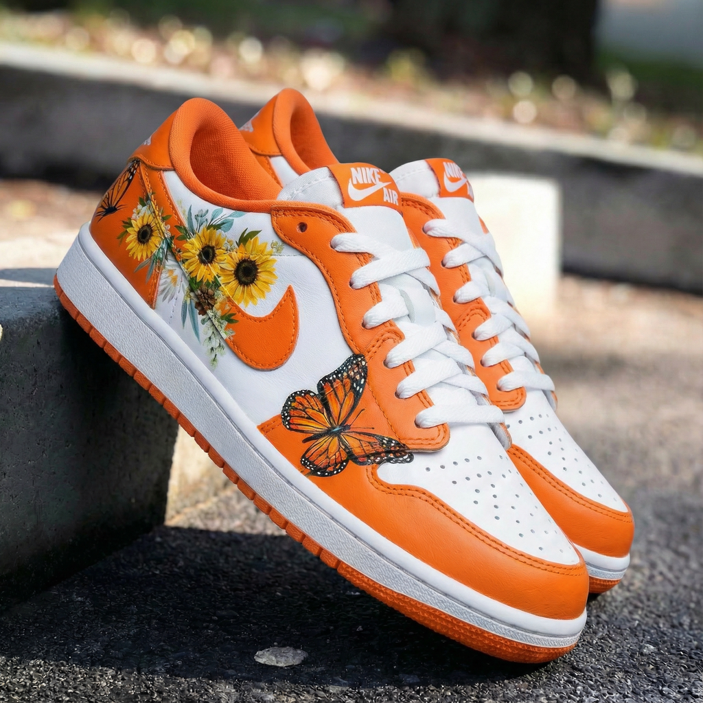 Custom AF 1s Shoes Orange with Sunflowers and Butterflies-oicustom