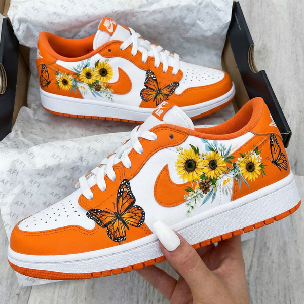 Custom AF 1s Shoes Orange with Sunflowers and Butterflies-oicustom