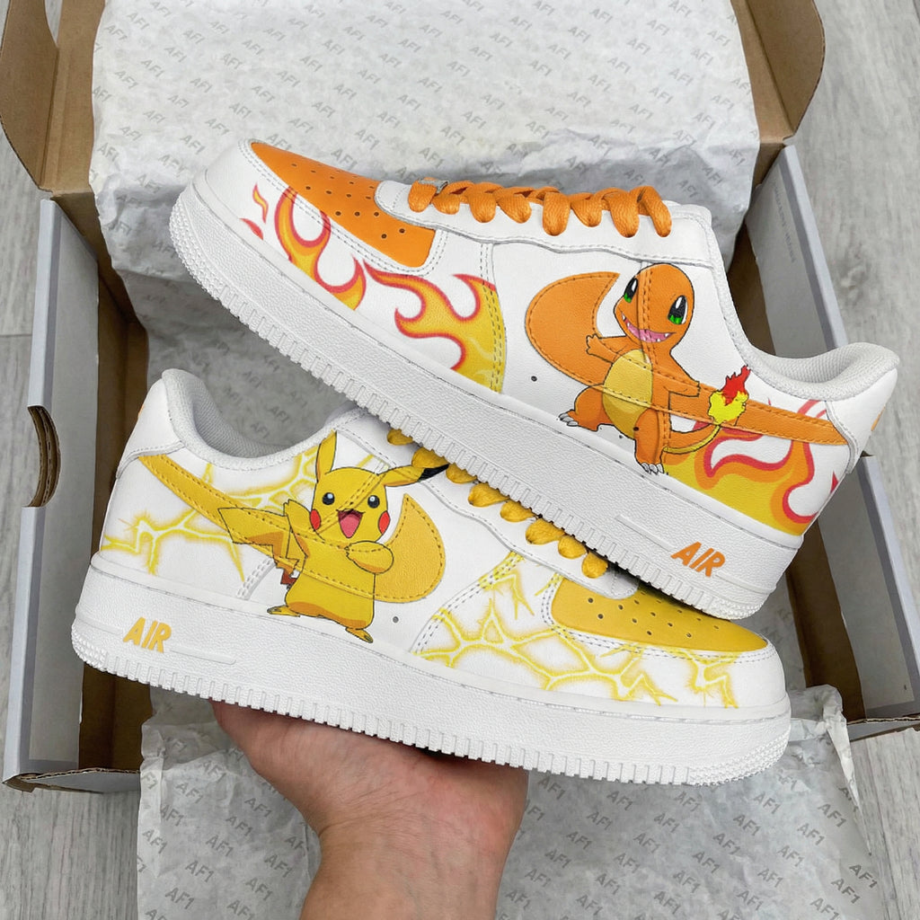 Custom AF 1s Shoes Orange Yellow Pokemon Charmander Pikachu Flame Lightning-oicustom