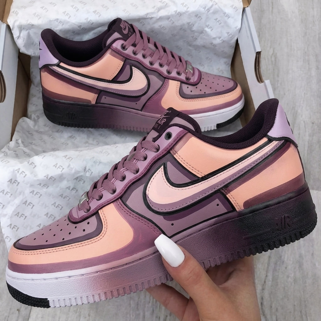 Custom AF 1s Shoes Peach Purple Cartoon Outline Design-oicustom
