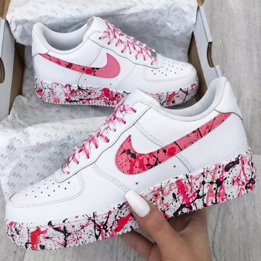 Custom AF 1s Shoes Pink Black Paint Splatter-oicustom