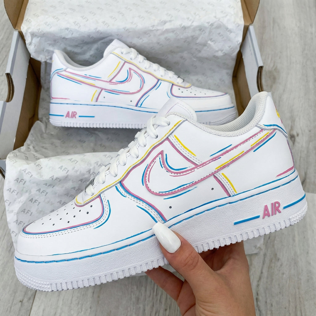 Custom AF 1s Shoes Pink Blue Yellow Line Art-oicustom