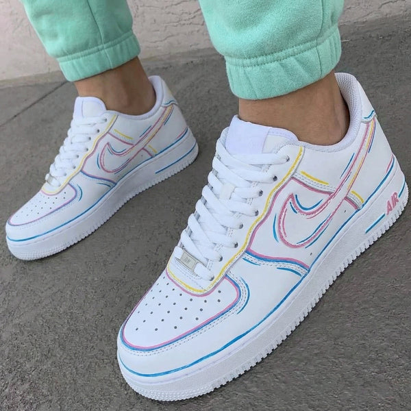 Custom AF 1s Shoes Pink Blue Yellow Line Art-oicustom
