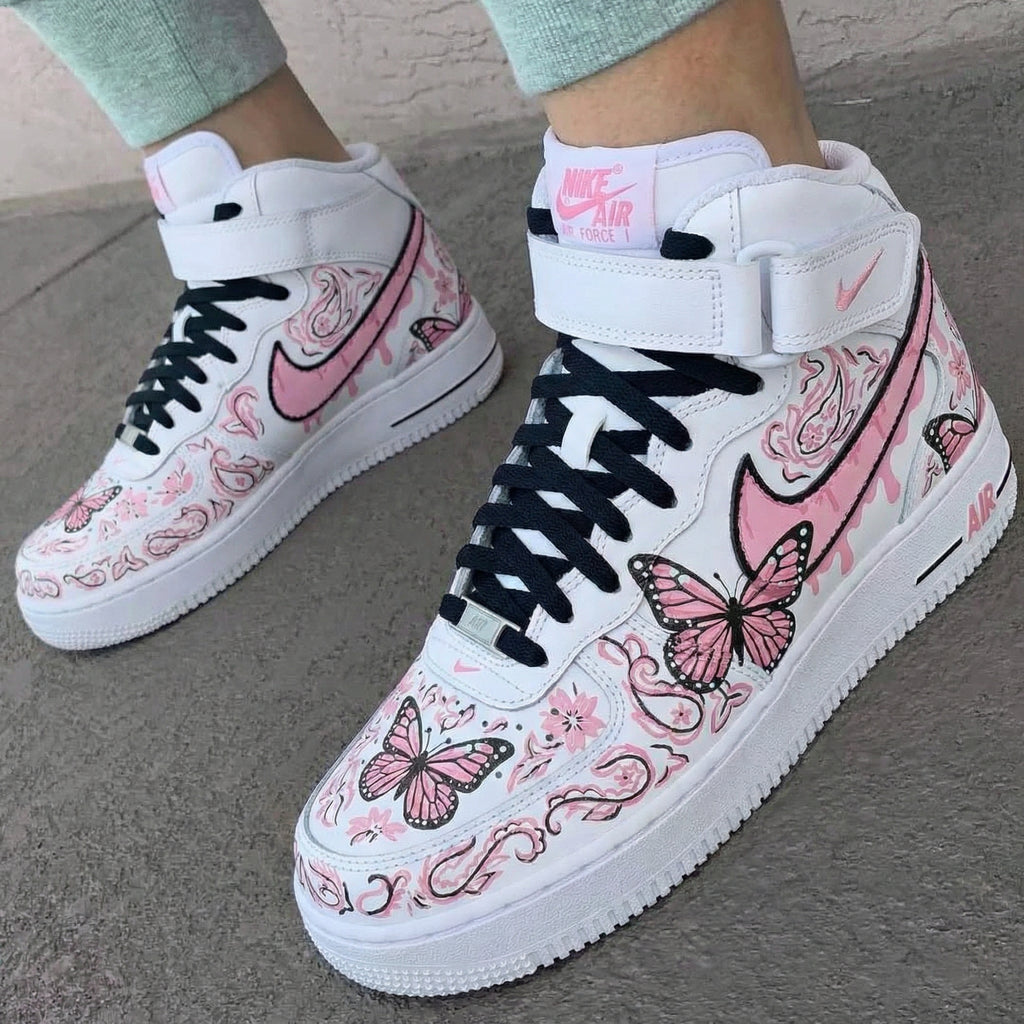 Custom AF 1s Shoes Pink Butterflies Paisley Pattern-oicustom