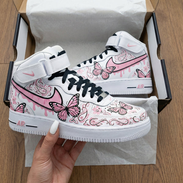 Custom AF 1s Shoes Pink Butterflies Paisley Pattern-oicustom