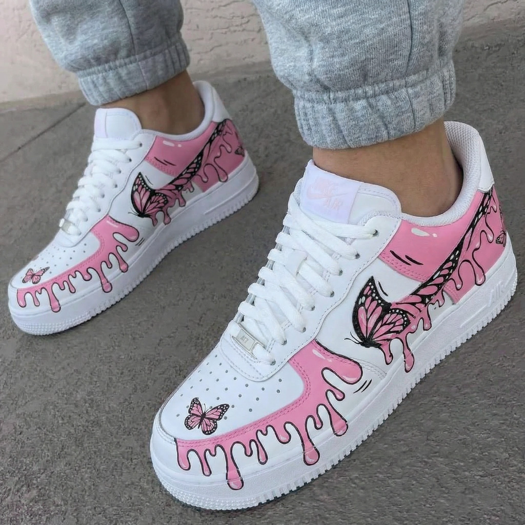 Custom AF 1s Shoes Pink Butterfly Drip Design-oicustom