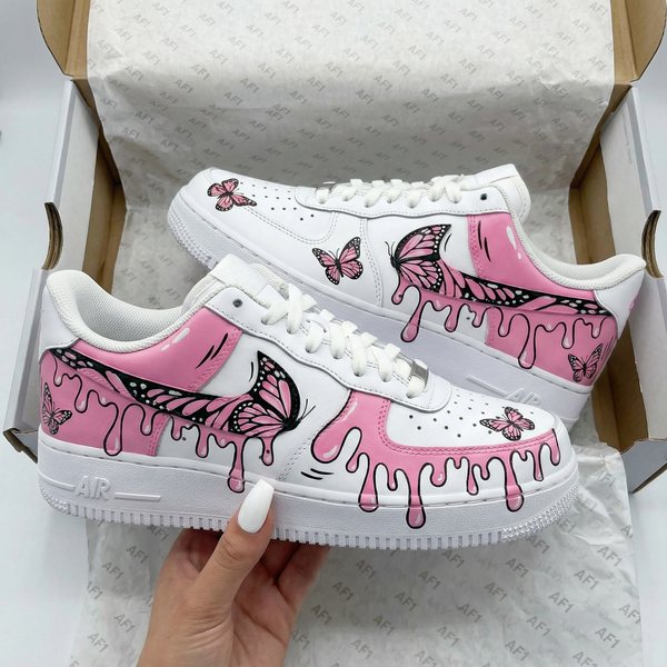 Custom AF 1s Shoes Pink Butterfly Drip Design-oicustom