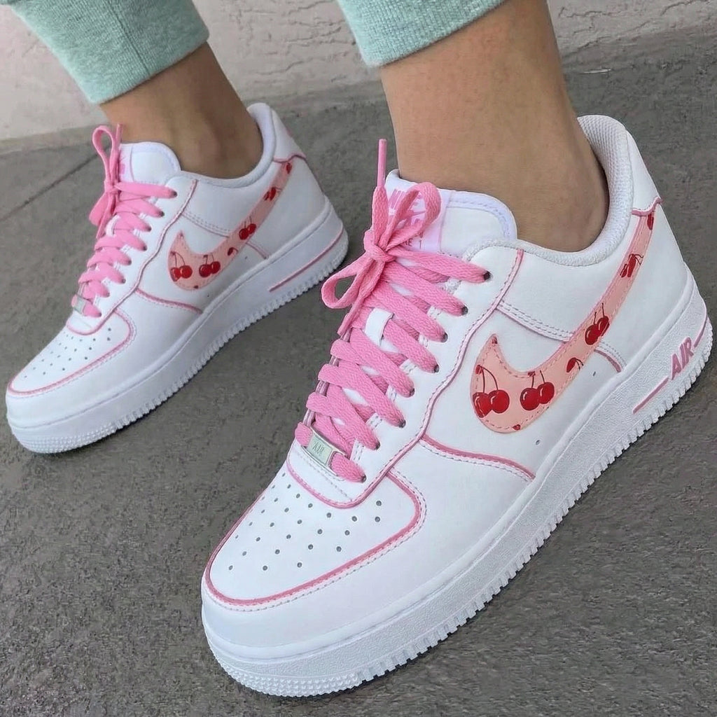 Custom AF 1s Shoes Pink Cherry Design Thick Shoelaces-oicustom