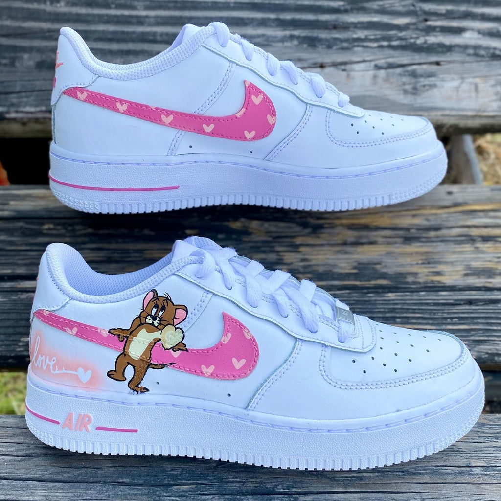 Custom AF 1s Shoes Pink Heart Tom And Jerry Design-oicustom