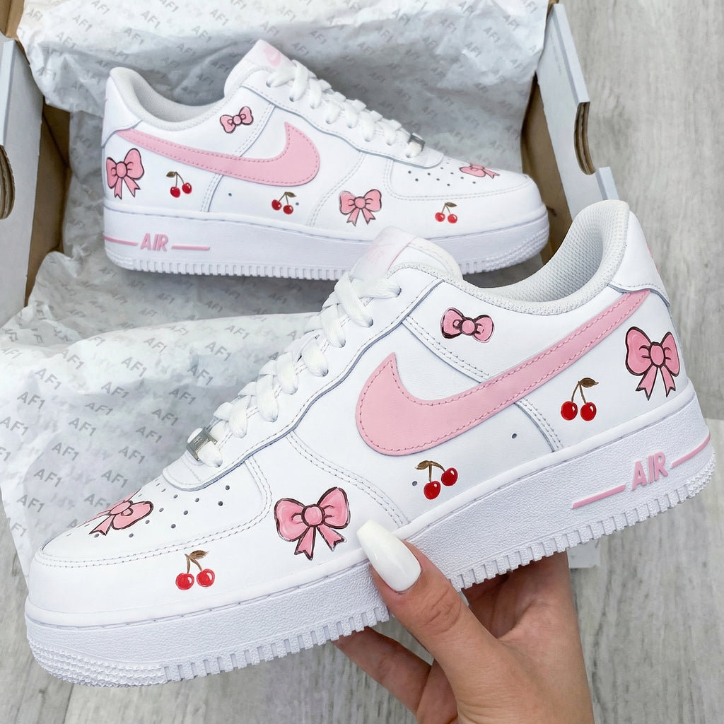 Custom AF 1s Shoes Pink Red Bows Cherries-oicustom