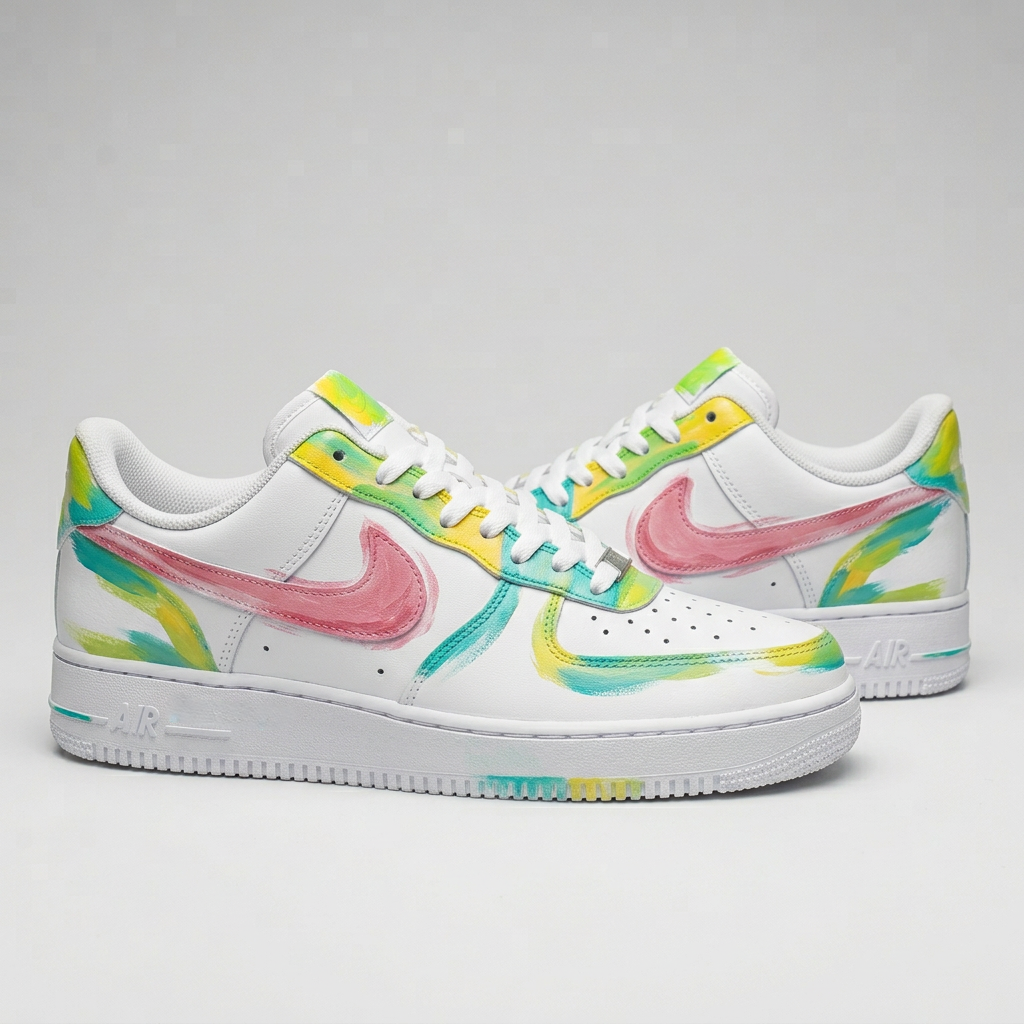 Custom AF 1s Shoes Pink Yellow Baby Blue Brush Strokes-oicustom