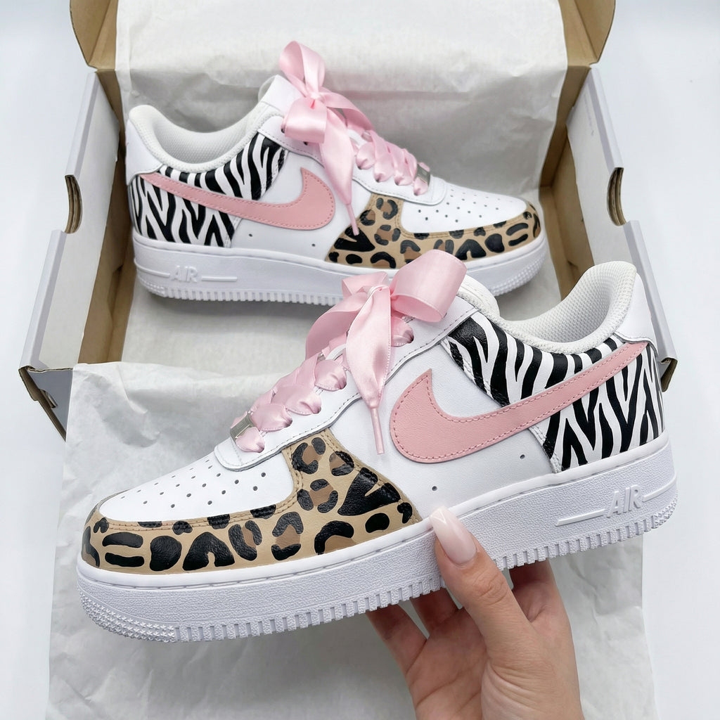 Custom AF 1s Shoes Pink Zebra Leopard Print Satin Laces-oicustom