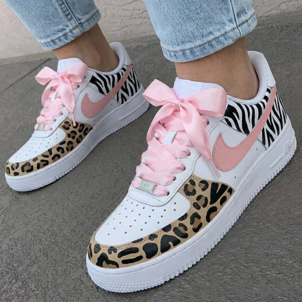 Custom AF 1s Shoes Pink Zebra Leopard Print Satin Laces-oicustom