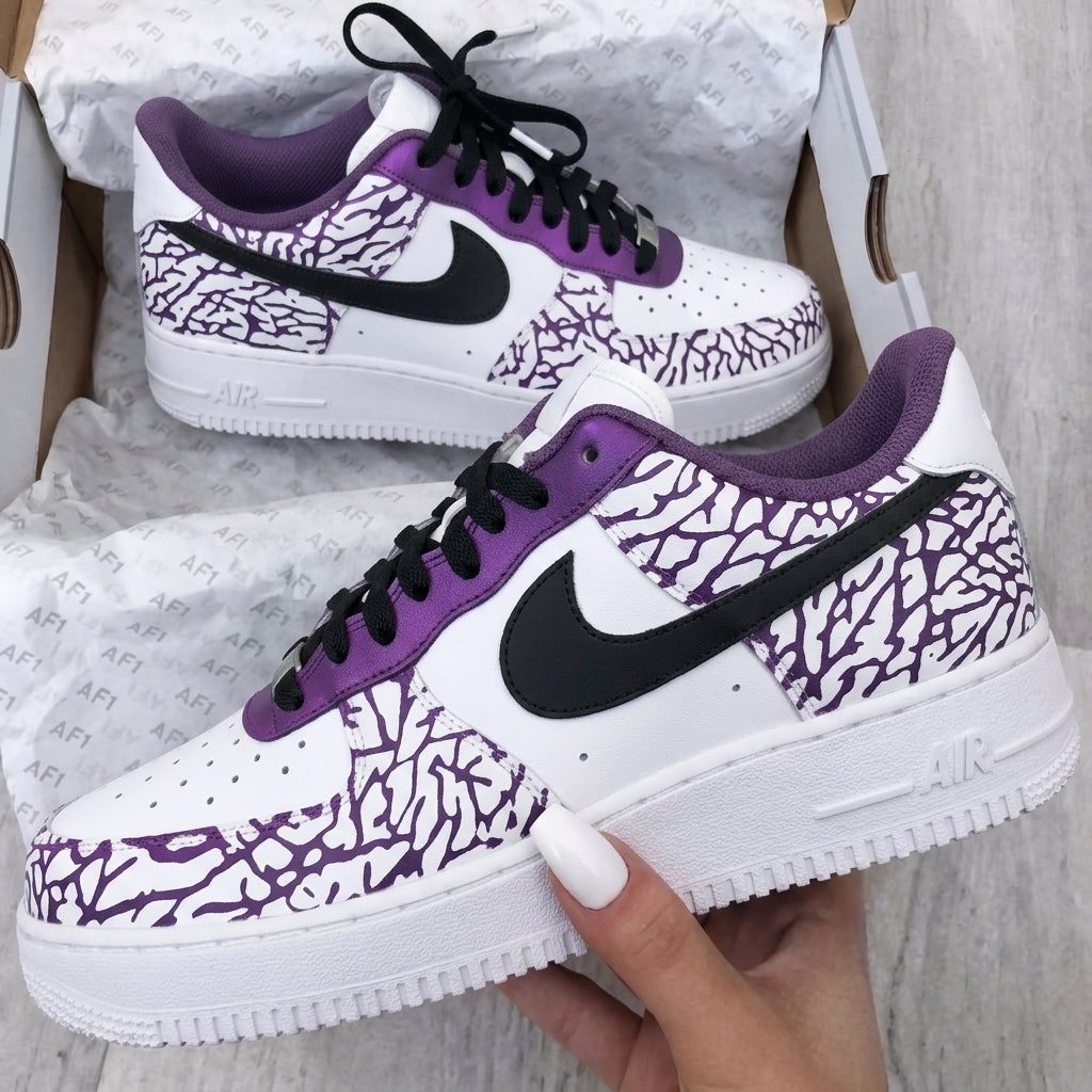 Custom AF 1s Shoes Purple Black Elephant Print-oicustom