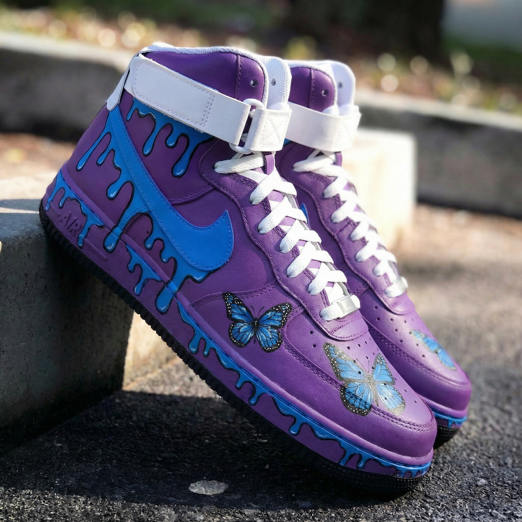 Custom AF 1s Shoes Purple Blue with Butterflies-oicustom