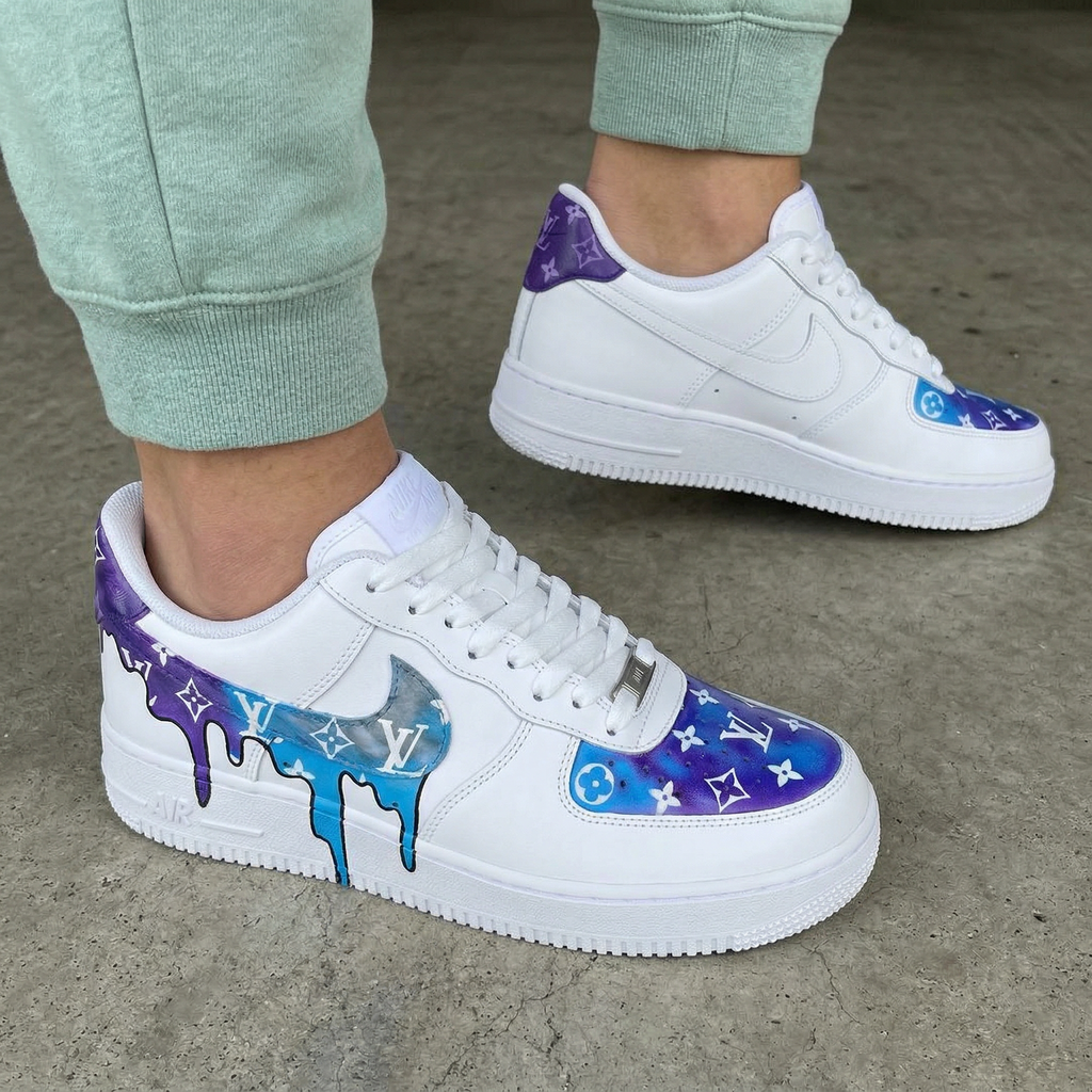 Custom AF 1s Shoes Purple Blue With LV Logo Drip Starry-oicustom