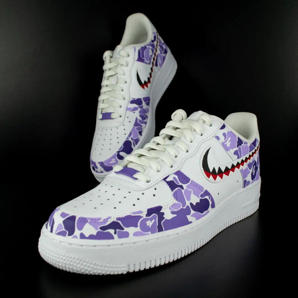 Custom AF 1s Shoes Purple Camo with Shark Teeth Design-oicustom