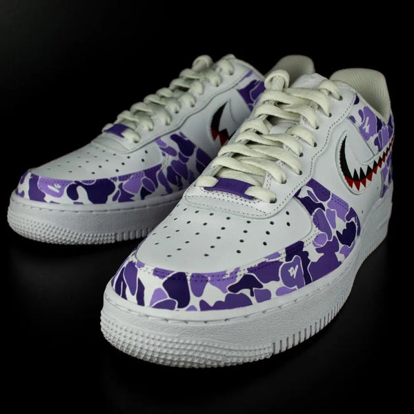 Custom AF 1s Shoes Purple Camo with Shark Teeth Design-oicustom