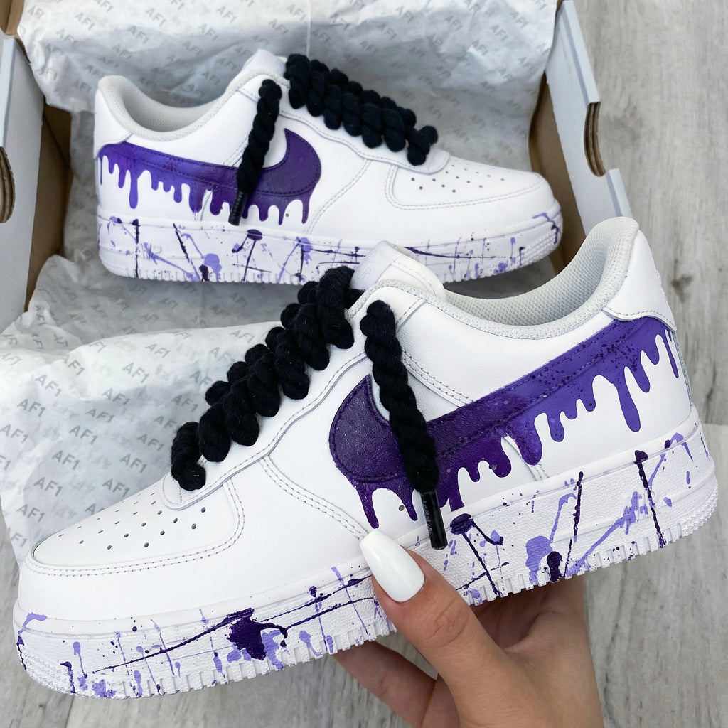 Custom AF 1s Shoes Purple Drip Splatter Black Rope Laces-oicustom