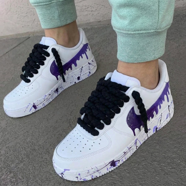 Custom AF 1s Shoes Purple Drip Splatter Black Rope Laces-oicustom