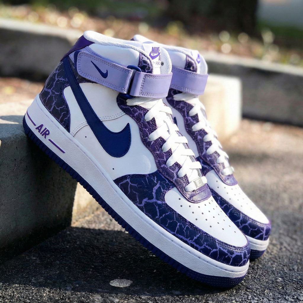 Custom AF 1s Shoes Purple Navy Crackle Pattern-oicustom