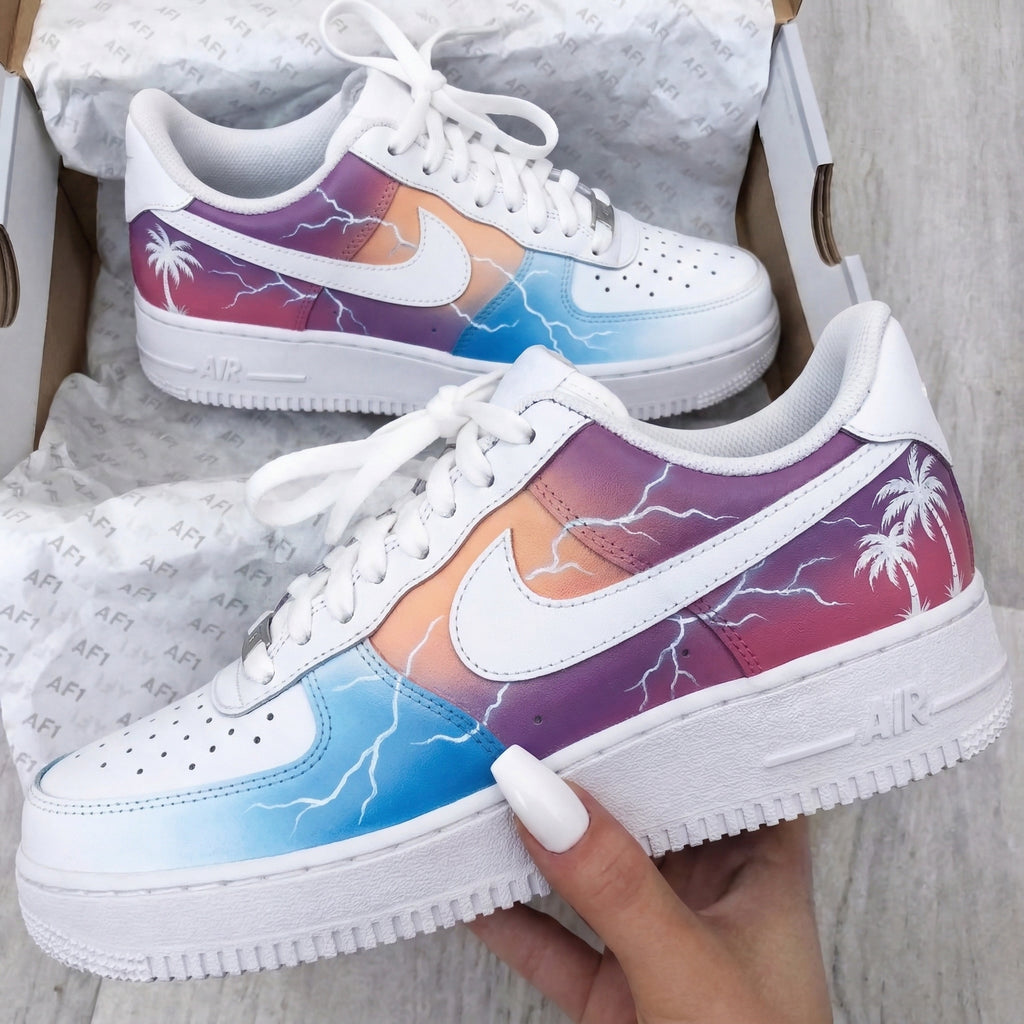 Custom AF 1s Shoes Purple Orange Baby Blue Lightning Palm Trees-oicustom