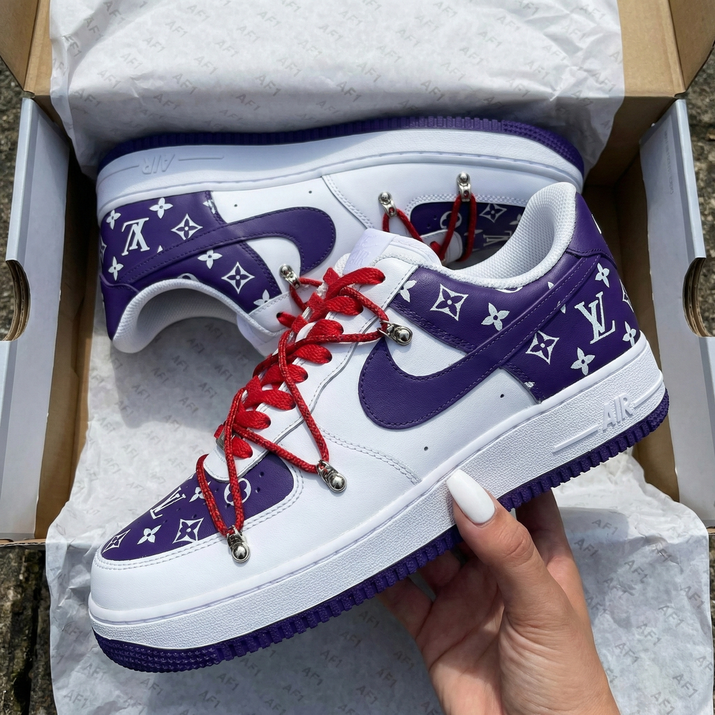 Custom AF 1s Shoes Purple Red LV Pattern-oicustom