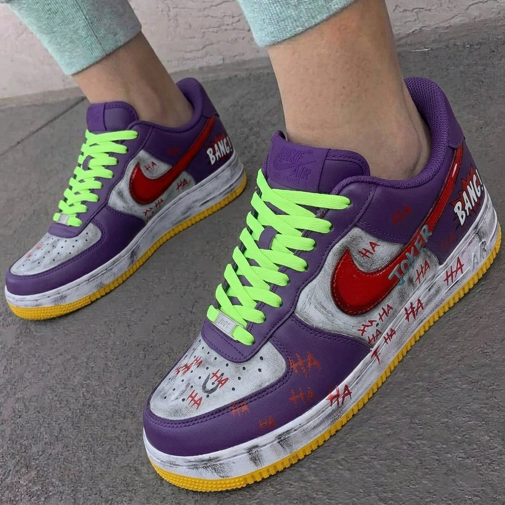 Custom AF 1s Shoes Purple Red Neon Green Yellow Joker Theme Graffiti-oicustom