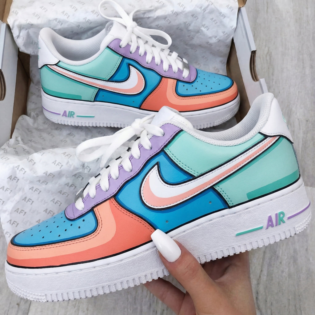 Custom AF 1s Shoes Purple Teal Blue Coral Cartoon Style Pattern-oicustom